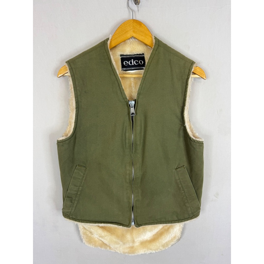 Edco Vintage Mens S Canvas‎ Workwear Vest Faux Fur Lined Olive Green Full Zip